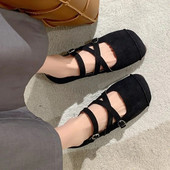 Nove ženske balerinke Ležerne cipele od umjetnog antilopa s križnim vezanjem Crne seksi cipele s četvrtastim prstima Dizajnerske cipele Zapatos Mujer 1621N