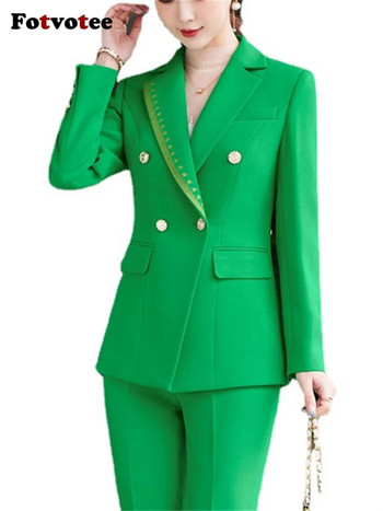 Fotvotee Πράσινο Λευκό Μαύρο Επίσημο Παντελόνι Σετ 2 τεμαχίων Γυναικείο Φθινόπωρο Χειμώνας 2023 Νέο μακρυμάνικο γραφείο Γυναικείο παντελόνι blazer