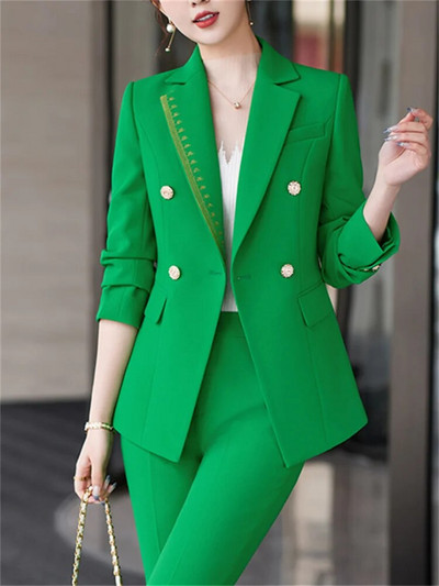 Fotvotee Zeleno-bijelo-crno formalno odijelo s hlačama Komplet od 2 komada Ženske jesen-zima 2023. Novi uredski ženski sako hlače dugih rukava