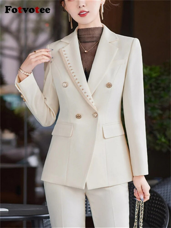 Fotvotee Zeleno-bijelo-crno formalno odijelo s hlačama Komplet od 2 komada Ženske jesen-zima 2023. Novi uredski ženski sako hlače dugih rukava