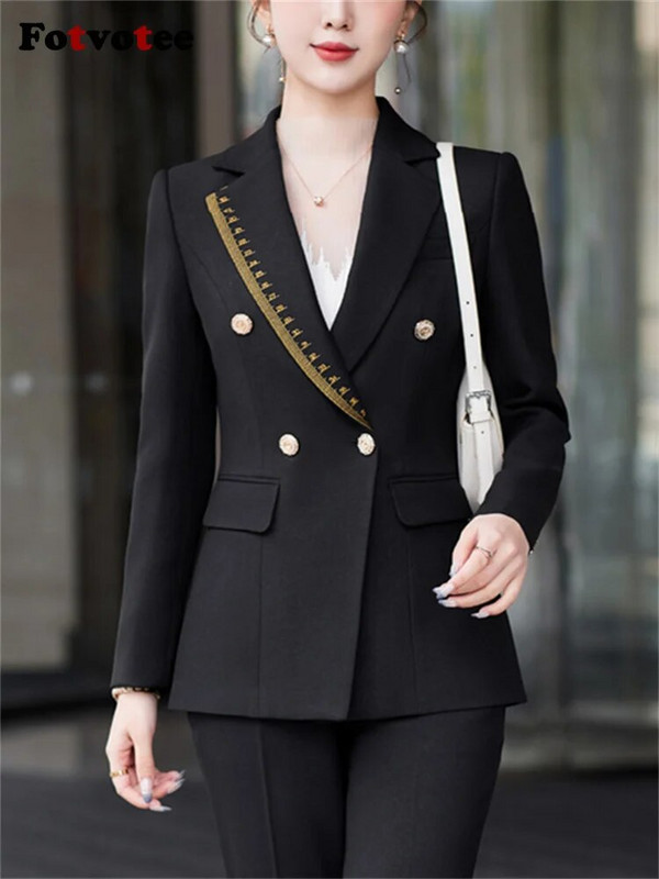 Fotvotee Zeleno-bijelo-crno formalno odijelo s hlačama Komplet od 2 komada Ženske jesen-zima 2023. Novi uredski ženski sako hlače dugih rukava