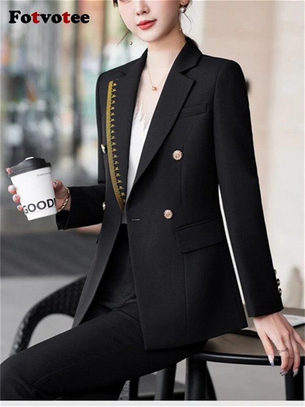 Fotvotee Zeleno-bijelo-crno formalno odijelo s hlačama Komplet od 2 komada Ženske jesen-zima 2023. Novi uredski ženski sako hlače dugih rukava