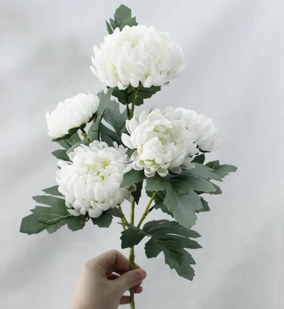 Didelės medetkos chrizantema su lapeliais baltais Dirbtinis šilkas Gėlės kambario stalo dekoras vestuviniai žiedai