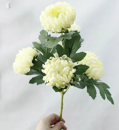 Didelės medetkos chrizantema su lapeliais baltais Dirbtinis šilkas Gėlės kambario stalo dekoras vestuviniai žiedai