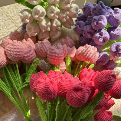 1 buc Buchet de flori tricotate, margaretă falsă, floarea soarelui, lalele, flori artificiale, decorare pentru nuntă, flori de tricotat țesute manual, decorațiuni pentru casă