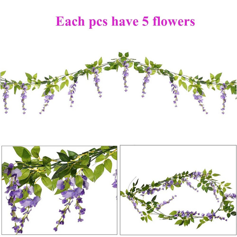 6,6Ft/db Művirág Selyem Wisteria Garland Mesterséges Wisteria Szőlő Rattan Selyem Lógó Virág Otthoni Kertbe Kültéri