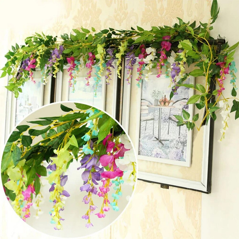 6,6Ft/db Művirág Selyem Wisteria Garland Mesterséges Wisteria Szőlő Rattan Selyem Lógó Virág Otthoni Kertbe Kültéri