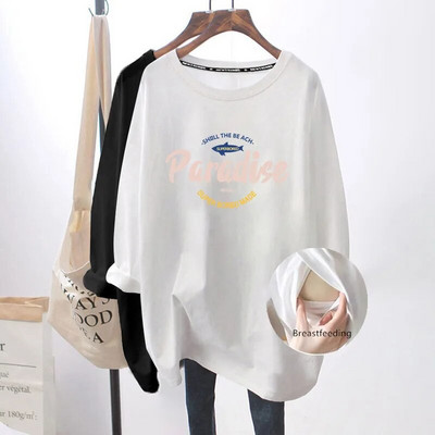 Haljina za dojenje, Majica s dugim rukavima za trudnice, široka, srednje dužine, dnevna ležerna haljina za trudnice, Odjeća za dojenje