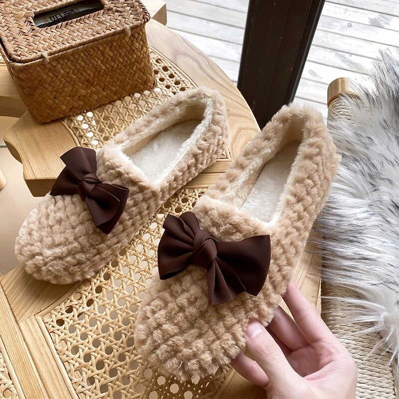 Loafers Tauriņmezgls Kvadrātveida purngals Modes Slip uz Sieviešu apavi Ikdienas apavi Sievietēm 2022 Baltas Kažokādas Dzīvokļi Laivu Kurpes Sieviešu Zapatos