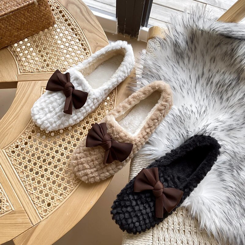 Loafers Tauriņmezgls Kvadrātveida purngals Modes Slip uz Sieviešu apavi Ikdienas apavi Sievietēm 2022 Baltas Kažokādas Dzīvokļi Laivu Kurpes Sieviešu Zapatos