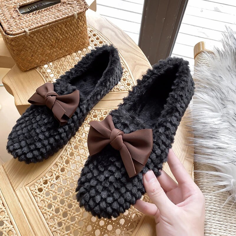 Loafers Tauriņmezgls Kvadrātveida purngals Modes Slip uz Sieviešu apavi Ikdienas apavi Sievietēm 2022 Baltas Kažokādas Dzīvokļi Laivu Kurpes Sieviešu Zapatos