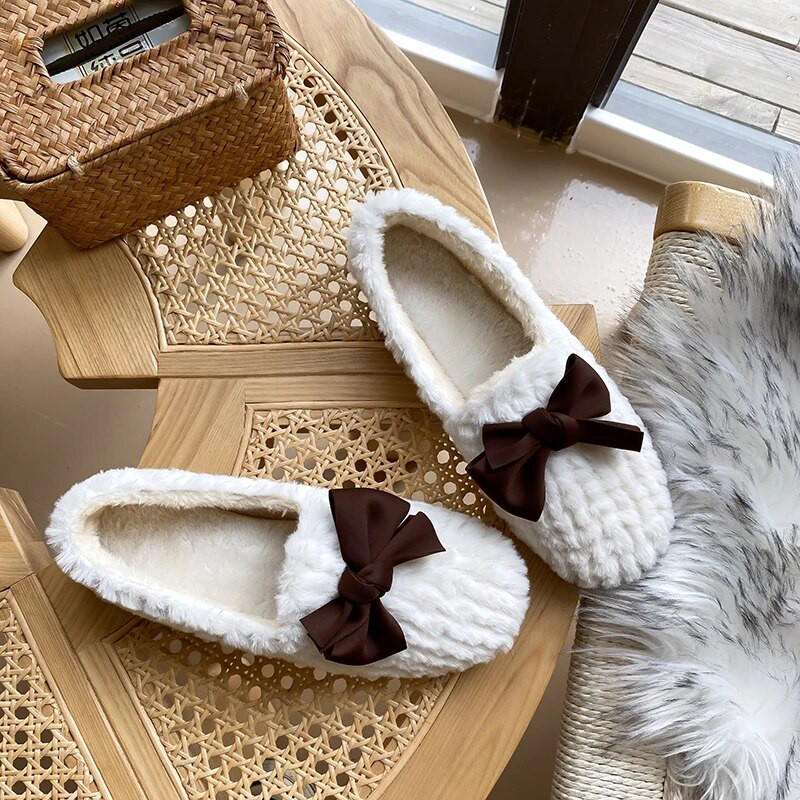 Loafers Tauriņmezgls Kvadrātveida purngals Modes Slip uz Sieviešu apavi Ikdienas apavi Sievietēm 2022 Baltas Kažokādas Dzīvokļi Laivu Kurpes Sieviešu Zapatos