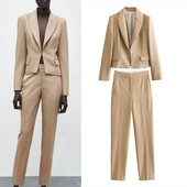 TRAF Ženske hlače do gležnja sa kamenčićima + odrezani uski sako Ženska modna odijela srednjeg kroja, kompleti hlača s bočnim otvorima i porubom od 2 komada