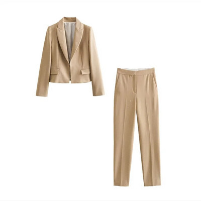 TRAF Ženske hlače do gležnja sa kamenčićima + odrezani uski sako Ženska modna odijela srednjeg kroja, kompleti hlača s bočnim otvorima i porubom od 2 komada