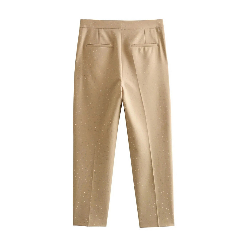 TRAF Ženske hlače do gležnja sa kamenčićima + odrezani uski sako Ženska modna odijela srednjeg kroja, kompleti hlača s bočnim otvorima i porubom od 2 komada