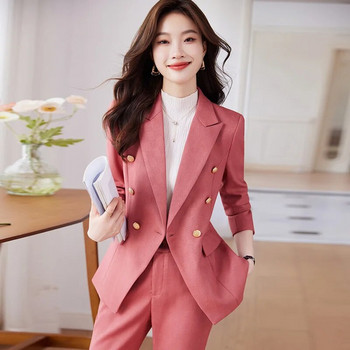 Κομψά γυναικεία κοστούμια Φθινοπωρινά Νέα Μπλε Μαύρο Ροζ Λεπτό μπλέιζερ και παντελόνι 2 τεμαχίων Κομψά επίσημα Γυναικεία ρούχα γραφείου επαγγελματικά σετ