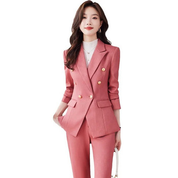 Κομψά γυναικεία κοστούμια Φθινοπωρινά Νέα Μπλε Μαύρο Ροζ Λεπτό μπλέιζερ και παντελόνι 2 τεμαχίων Κομψά επίσημα Γυναικεία ρούχα γραφείου επαγγελματικά σετ