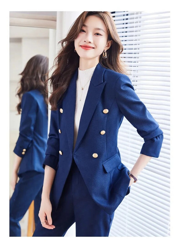 Eleganti sieviešu uzvalki rudens jauni zili, melni rozā, šauri žakete un bikses, 2 daļīgs komplekts. Šiks, formāls biroja sieviešu darba apģērba biznesa komplekti