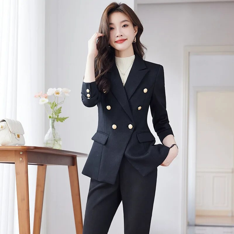 Eleganti sieviešu uzvalki rudens jauni zili, melni rozā, šauri žakete un bikses, 2 daļīgs komplekts. Šiks, formāls biroja sieviešu darba apģērba biznesa komplekti