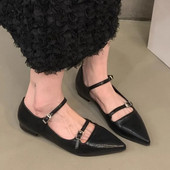 Sieviešu dzīvokļi ar dubultu sprādzi Mary Janes kurpes ar smailiem purngaliem ādas apavi pavasara rudens baleta dzīvokļiem sievietēm, melns sudrabs 1572N