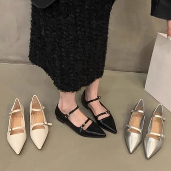 Γυναικεία φλατ με διπλή πόρπη Mary Janes Παπούτσια με μυτερά δερμάτινα παπούτσια Ανοιξιάτικα φθινοπωρινά μπαλαράκια για γυναικεία μαύρα ασημί 1572N