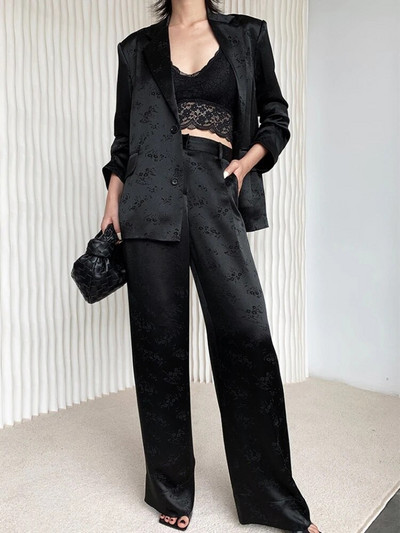 Ženski proljetni komplet crnog sakoa s cvjetnim motivom, ležerni, vintage jednostavni široki sakoi Poslovne pantalone širokih nogavica, 2 komada ženskog uredskog odijela