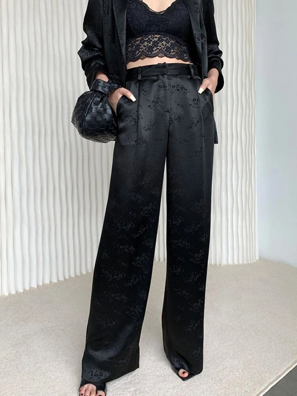 Ženski proljetni komplet crnog sakoa s cvjetnim motivom, ležerni, vintage jednostavni široki sakoi Poslovne pantalone širokih nogavica, 2 komada ženskog uredskog odijela
