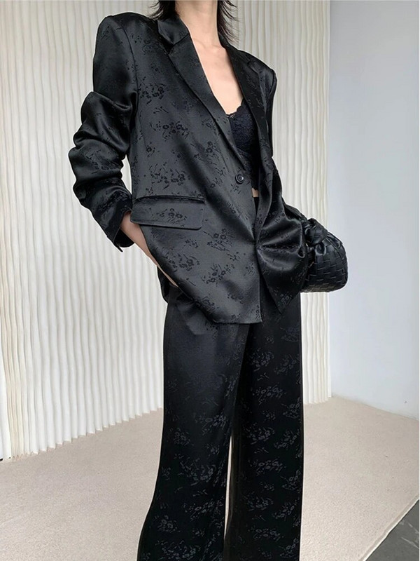 Ženski proljetni komplet crnog sakoa s cvjetnim motivom, ležerni, vintage jednostavni široki sakoi Poslovne pantalone širokih nogavica, 2 komada ženskog uredskog odijela