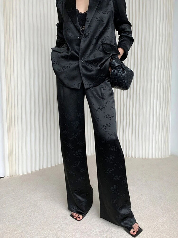 Ženski proljetni komplet crnog sakoa s cvjetnim motivom, ležerni, vintage jednostavni široki sakoi Poslovne pantalone širokih nogavica, 2 komada ženskog uredskog odijela