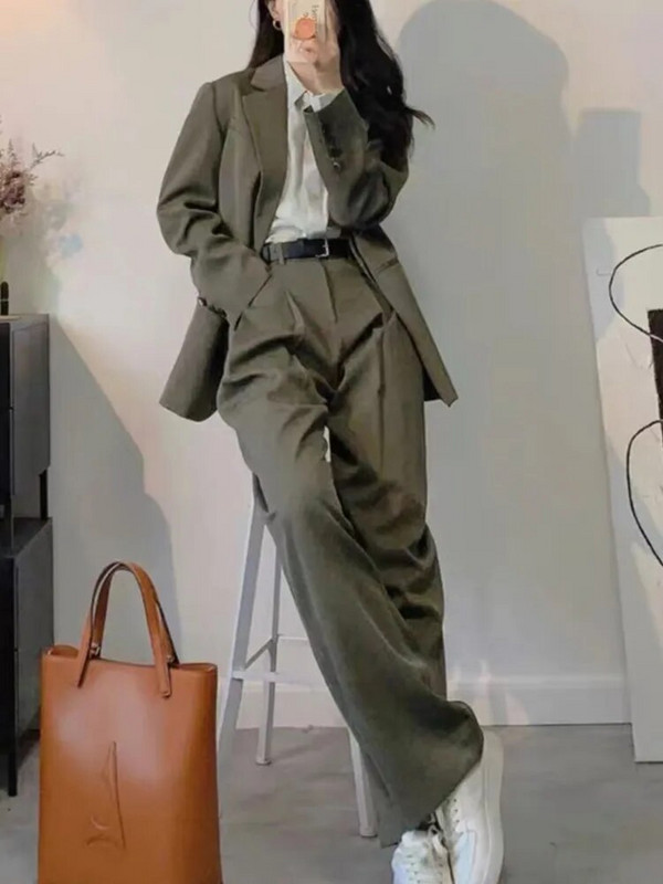 Elegantno odijelo sa jaknom za uredske dame, jednobojno žensko odijelo dugih rukava visokog struka, ravno odijelo s hlačama Novi jesenski šik poslovni kompleti od 2 komada