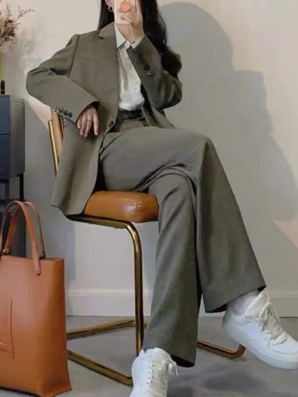 Elegantno odijelo sa jaknom za uredske dame, jednobojno žensko odijelo dugih rukava visokog struka, ravno odijelo s hlačama Novi jesenski šik poslovni kompleti od 2 komada