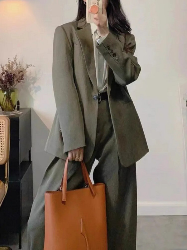 Elegantno odijelo sa jaknom za uredske dame, jednobojno žensko odijelo dugih rukava visokog struka, ravno odijelo s hlačama Novi jesenski šik poslovni kompleti od 2 komada
