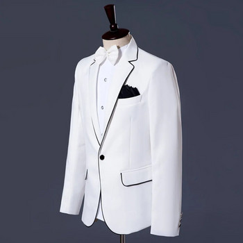 Мъжки костюми, бели, черни, с връзки Мъжки тесни комплекти блейзър панталони Едноредни сценични парти официални рокли Сватбени костюми за младоженци