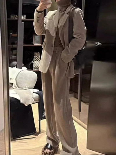 Új női Solid Elegant Elegáns Blézer nadrágkosztümök Vintage alkalmi kordbársony irodai üzleti kétrészes szett Női formális nadrág szett