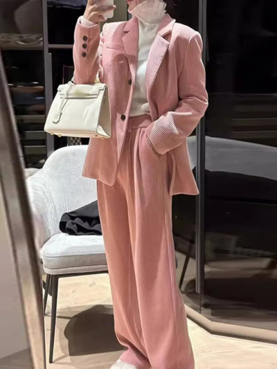 Új női Solid Elegant Elegáns Blézer nadrágkosztümök Vintage alkalmi kordbársony irodai üzleti kétrészes szett Női formális nadrág szett