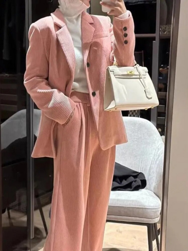Új női Solid Elegant Elegáns Blézer nadrágkosztümök Vintage alkalmi kordbársony irodai üzleti kétrészes szett Női formális nadrág szett