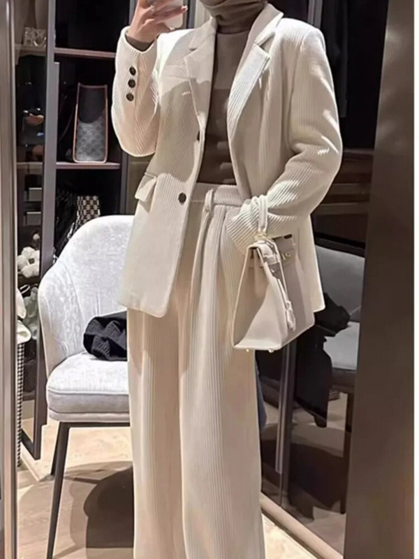 Új női Solid Elegant Elegáns Blézer nadrágkosztümök Vintage alkalmi kordbársony irodai üzleti kétrészes szett Női formális nadrág szett