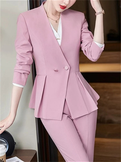 Fotvotee Uredska ženska odijela za žene Nova moda 2023., uski plisirani sako s dugim rukavima, šik ležerna jednobojna odijela s hlačama visokog struka