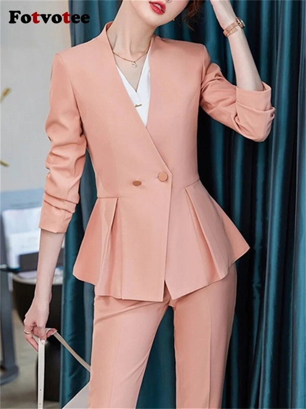 Fotvotee Uredska ženska odijela za žene Nova moda 2023., uski plisirani sako s dugim rukavima, šik ležerna jednobojna odijela s hlačama visokog struka