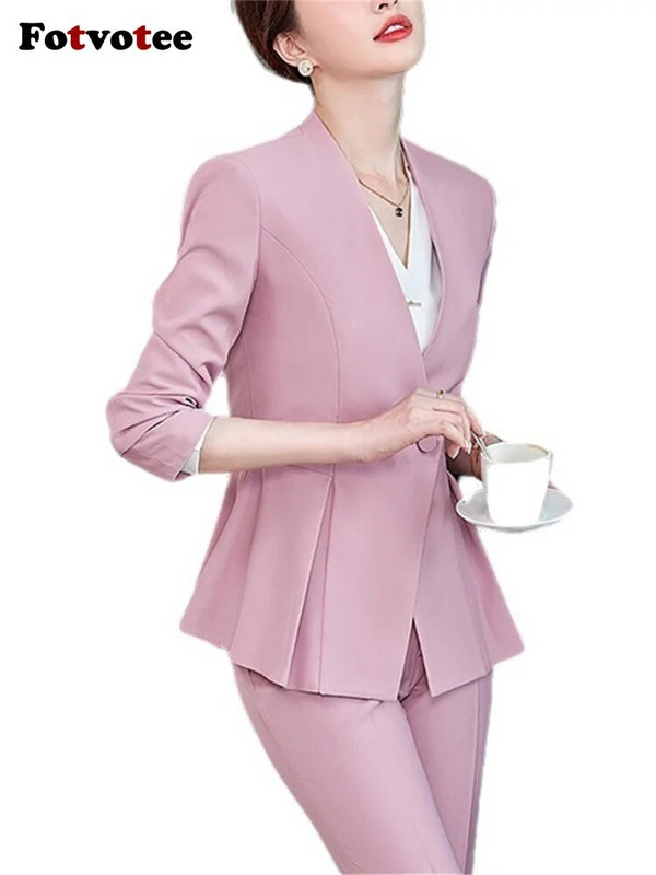 Fotvotee Uredska ženska odijela za žene Nova moda 2023., uski plisirani sako s dugim rukavima, šik ležerna jednobojna odijela s hlačama visokog struka