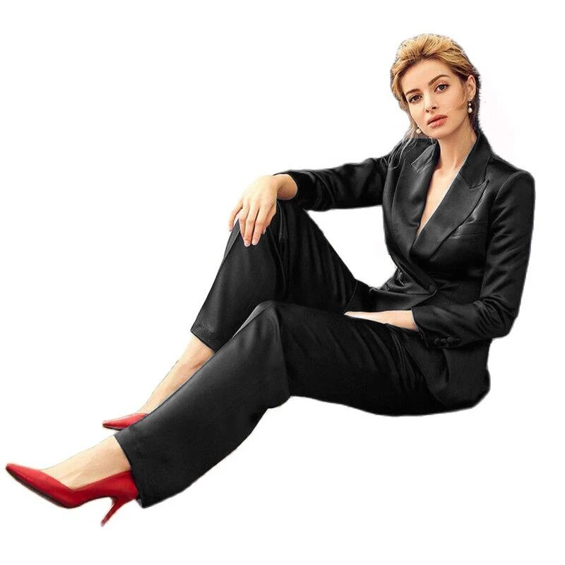 Tamnoplava svadbena ženska poslovna ležerna dvodijelna vjenčana haljina udobnog kroja Smokingi Blazer (jakna+hlače)