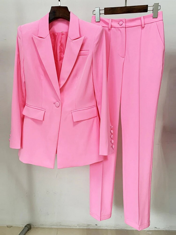 Naiste bleiserülikonnad sügistalv moe pikkade varrukatega bleiserid ja püksid, kontorinaised, kvaliteetsed pliiatsiga pükskostüümid, roosa