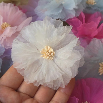 Στρογγυλό 7,5 εκ. 10 ΤΕΜ. Τρισδιάστατο τριαντάφυλλο λουλούδι σιφόν DIY Ράψιμο απλικέ ύφασμα Νυφικό Διακόσμηση κεφαλής φουρκέτας