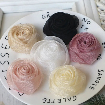 5PCS 4.5CM Ръчно изработена шифонена тъкан от органза Направи си сам Шапка с цветя от роза Шапка Рокля Декорация на дрехи Аксесоари за коса