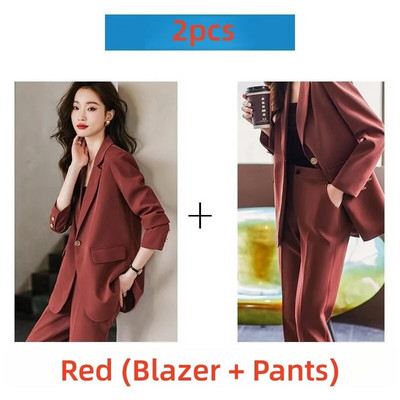 Novi ženski kompleti hlača iz 2023. Crna, crvena jakna + hlače, uredski ženski sako, poslovna radna odjeća, formalni, elegantni kompleti od 2 komada