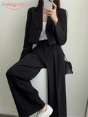 Aelegantmis jauni divdaļīgie žakešu komplekti sievietēm ar garām piedurknēm bleizeri ar augstu vidukli, platas bikses komplekti, kosāls pavasara rudens tērps.