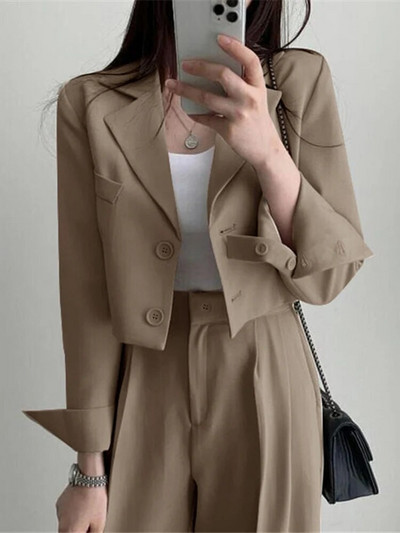 Aelegantmis jauni divdaļīgie žakešu komplekti sievietēm ar garām piedurknēm bleizeri ar augstu vidukli, platas bikses komplekti, kosāls pavasara rudens tērps.