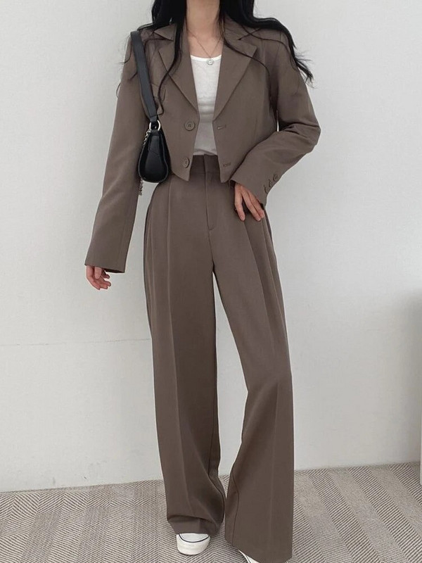 Aelegantmis jauni divdaļīgie žakešu komplekti sievietēm ar garām piedurknēm bleizeri ar augstu vidukli, platas bikses komplekti, kosāls pavasara rudens tērps.