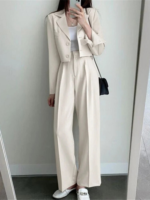 Aelegantmis jauni divdaļīgie žakešu komplekti sievietēm ar garām piedurknēm bleizeri ar augstu vidukli, platas bikses komplekti, kosāls pavasara rudens tērps.