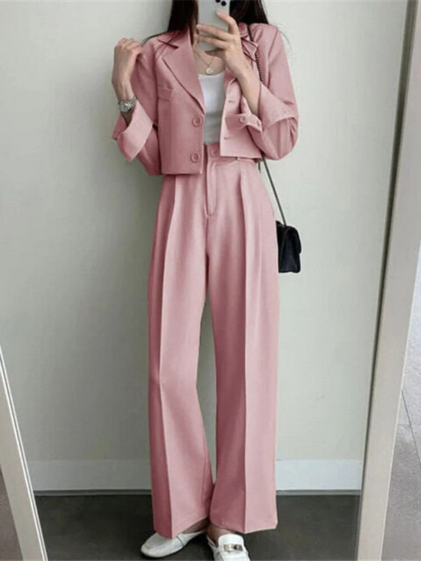 Aelegantmis jauni divdaļīgie žakešu komplekti sievietēm ar garām piedurknēm bleizeri ar augstu vidukli, platas bikses komplekti, kosāls pavasara rudens tērps.